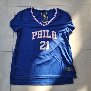 Fanatics Women's Philadelphia Sixers Embiid Basketball Jeresey Tee Sz L NWT!
